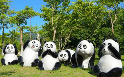 動物園擺放的姿態各異的玻璃鋼仿真熊貓雕塑