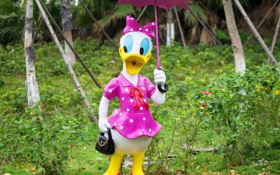 景區(qū)玻璃鋼彩繪打傘的唐老鴨黛絲雕塑