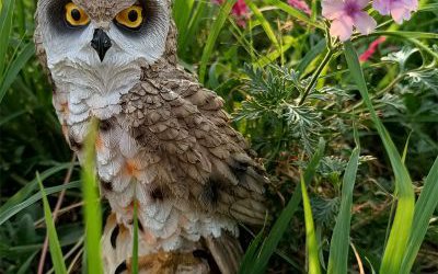 公園草叢中一只玻璃鋼仿真動(dòng)物貓頭鷹雕塑