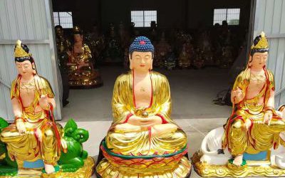 玻璃鋼彩繪噴金烤漆打坐的文殊普賢雕塑